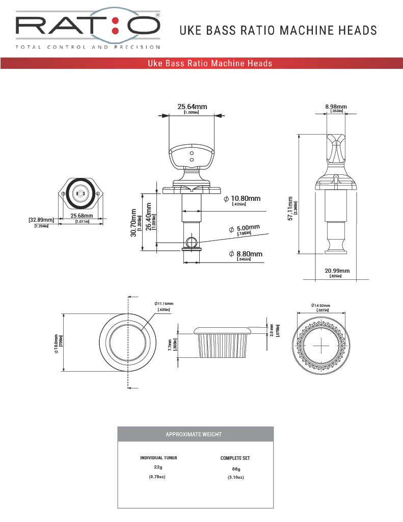 Ukulele Bass Machine Heads Actual Size Templates & Measurements